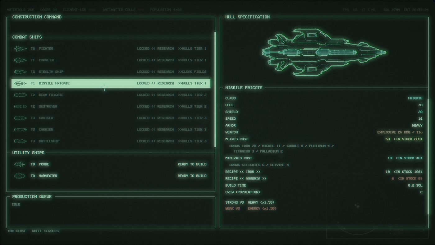 Construction command screen with a missile frigate hull and its full specification